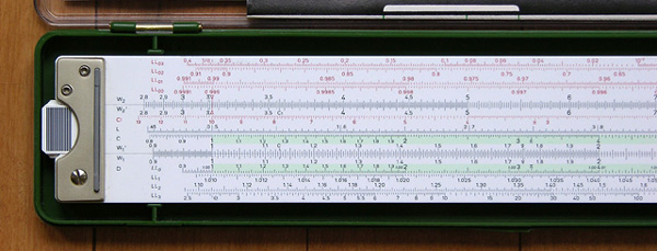 Back left side of the Faber-Castell 2/83N slide rule.