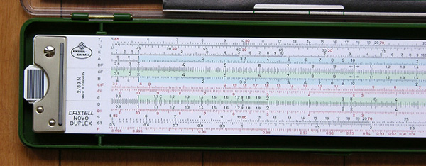 Front left side of the Faber-Castell 2/83N slide rule.