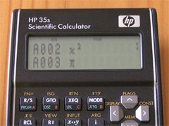 Two lines of an HP 35s program to compute the area of a circle.