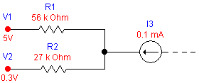 A simple network with one node, two resistors, two voltage sources, and a current source.