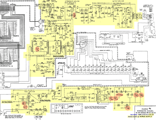 Part of the schematic diagram of the Hammond M-100 series, with the AO-29 amplifier and its electrolytic capacitors highlighted.