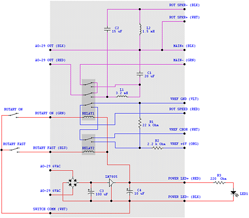 Speaker crossover, switching, and speed control schematic.