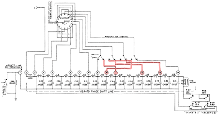 Original factory vibrato scanner to delay line connections. Connections highlighted in red are to be removed.