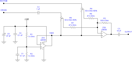 Combination attentuator, mixer, and pre-amp to match organ and drum machine signals to the external amplifier.