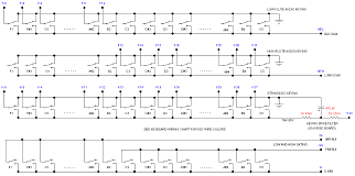 The keyboard has four contacts per key. The two resistors and capacitors at the right limit the DC keying current to avoid generating voltage spikes.