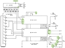 PAiA's overall schematic, with my modifications highlighted. The entire master oscillator and high-C circuit has been removed.