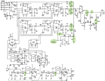 PAiA's chorus circuit schematic, with my modifications highlighted. The chorus select inputs go to a rotary switch for selective grounding.