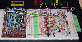 Breadboarded Retronome prototype. Yamaha percussion sound board is on the left. Rhythm pattern generator is on the right.