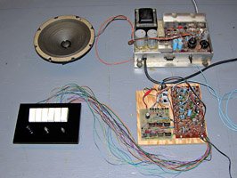 Completed rhythm system on the bench for testing with an amplifier and speaker.