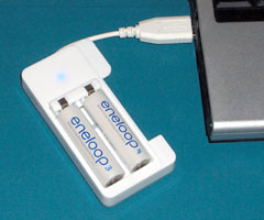 Sanyo's USB powered charger can charge one or two AA or AAA rechargeable batteries from your computer's USB port.