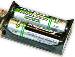 A pair of Eveready Energizer 2500mAh (2.5Ah) AA rechargeable batteries.