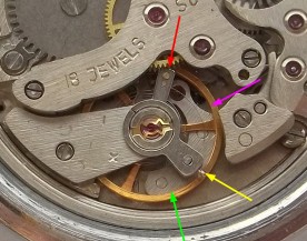 The regulator (red arrow) should be approximately where the magenta arrow is pointing, and the stud holder (yellow arrow) where the green arrow points. Also notice that the coils are not concentric, and that the terminal curve bows outward.