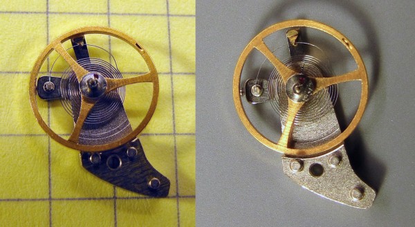 The balance wheel and hairspring, before and after reshaping the terminal curve.