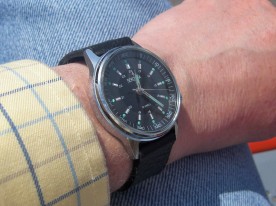 My Sekonda on its new home made black leather strap.