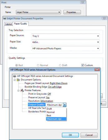 Appropriate printer settings for an HP 7612 printer.