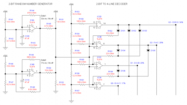 The redesigned chord randomizer uses only analog components.