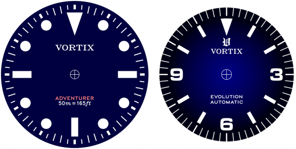 Artwork for the "Adventurer" and "Explorer" dials, to relative scale.