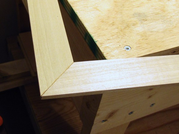 Close-up of the mitered corner of the face frame.