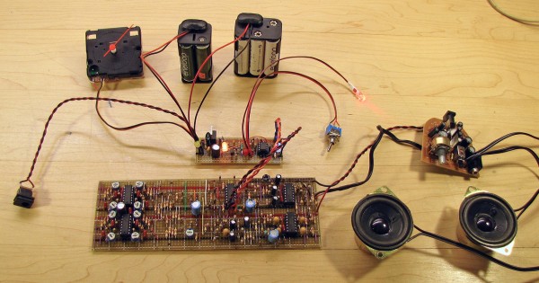 Wake-O-Matic components without their enclosure. The large board at the bottom is a remake of a PAiA Chord EGG sound generator.