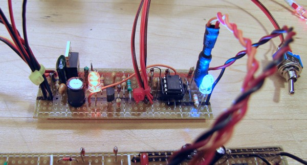 The heart of the Wake-O-Matic. The heatshrink tubing on the right contains a red LED and CdS photocell to control the sound source.