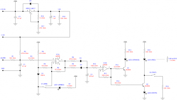 Schematic of the central control board, responsible for voltage regulation and alarm control.