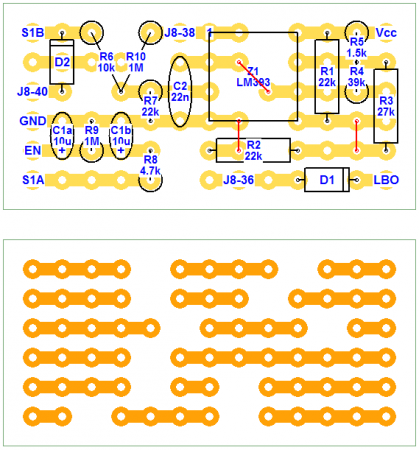 Shutdown controller and battery monitor component placement (top) and stripboard trace layout (bottom). Actual size is 1.4×0.7" (36×18mm).