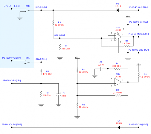 Schematic of the shutdown controller and battery monitor. The blue area is the off-board power switch.