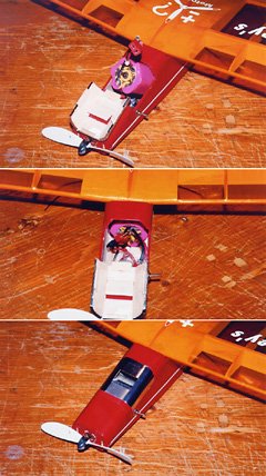 In the <i>Sydney's Special</i>, the battery is held only with Velcro, on a platform under the wing. So far, it has never let go, even in a crash. Notice the large cooling inlet in the canopy.