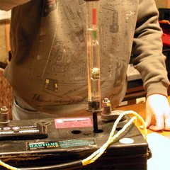 A hygrometer lets you test each cell in a lead-acid battery individually. Be sure the hygrometer is clean before inserting it.