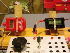 With the motor running, we get several useful measurements at once: 6960 rpm, 10.6A, and 6.0V, giving 65 Watts (the displayed values are rounded, which is why the displayed Watts are higher than the expected 10.6&nbsp;&times;&nbsp;6.0&nbsp;=&nbsp;63.6). The battery has suppled 0.13Ah of current between the time it was first connected, and this picture was taken. Using a camera is a great way to capture all these readings at once.