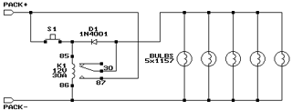 Figure 2. Schematic diagram for a simple 6- and 7-cell discharger. Used with an Astroflight Whattmeter, this circuit can be used to measure NiCd pack capacity. (The numbers 30, 85, 86, and 87, refer to auto-industry-standard terminal numbers, which are usually marked on the relay.)