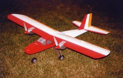 This is a Sig Kadet LT-25, converted to twin-electric power and tricycle landing gear. Kyosho Atomic Force motors turn APC 10x7 electric propellers through Master Airscrew 3:1 gearboxes. A pair of 7xRC2000 packs provides the power.