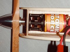 A Kysosho Atomic Force motor and Great Planes gearbox, bolted to the back of the firewall of my redesigned Fred's Special. The bottom front of the fuselage remains open, providing the motor, battery, and speed control with plenty of cooling.