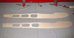 A plywood (top) and balsa (bottom) version of the Mid*Star 40 fuselage side. The kit-supplied plywood side weighs 2.9 oz. The balsa version weighs 0.8 oz. Replacing both sides, the top, and the bottom with balsa will save about half a pound.