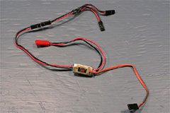 The GWS ICS-300 speed control, as it comes from the factory, together with the motor wiring Y-harness provided with the GWS BN-2 Islander park flyer. All wiring is 22 gauge.