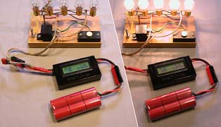 The Astroflight WhattMeter displays current, voltage, power, and accumulated capacity all at the same time. Here we are using it to determine the internal resistance of this 6-cell 1250SCR battery. The difference in voltage (0.8V) divided by the current (9.5A) gives a resistance of 0.084 Ohms (including the cell interconnections, wires, and connectors).