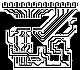 Printed circuit board layout. Actual size is 3.3"&nbsp;x2.9"&nbsp;.